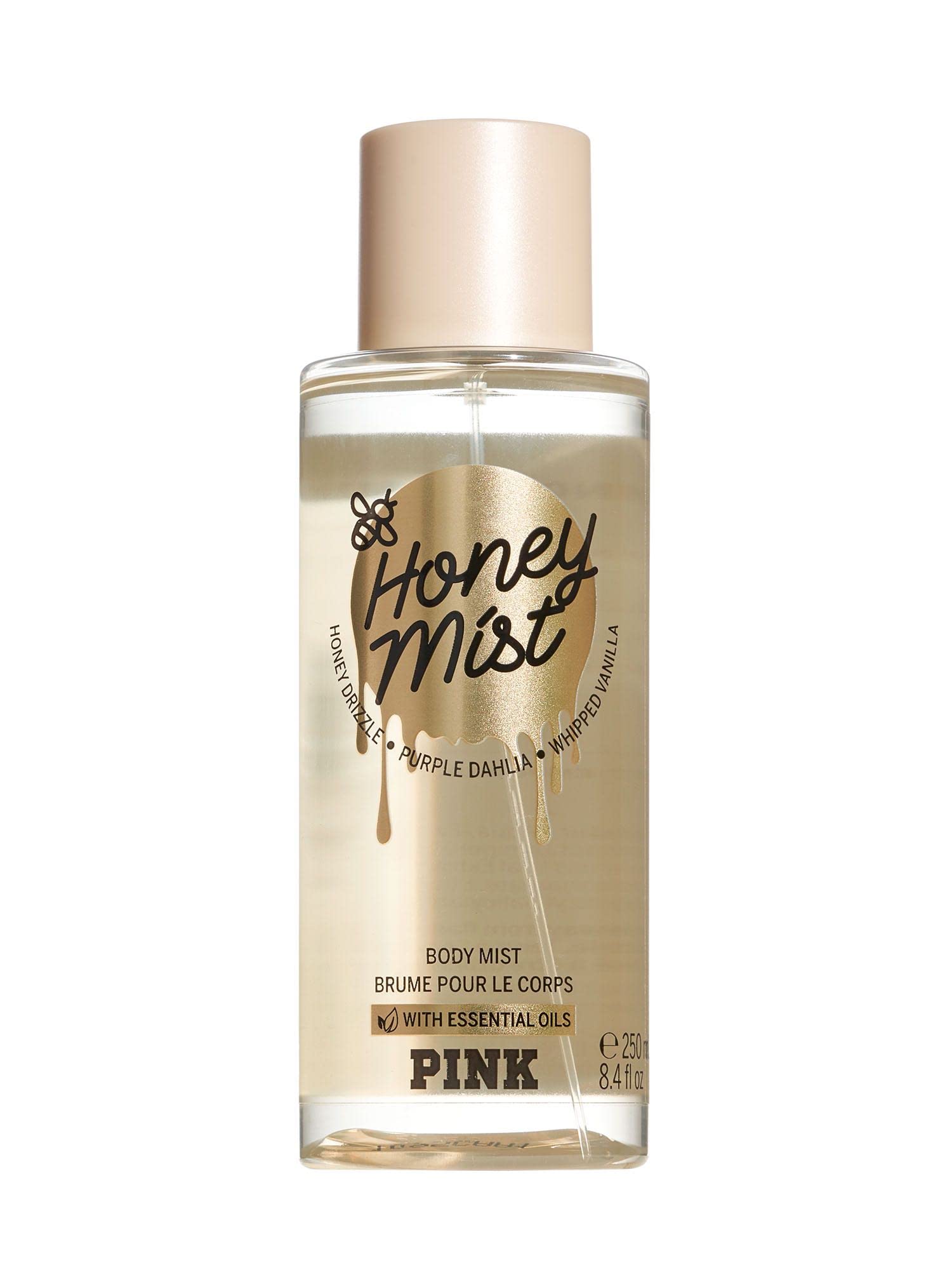 Victoria's Secret Pink Honey body mist bottle; refreshing daily fragrance for effortless skin scent.