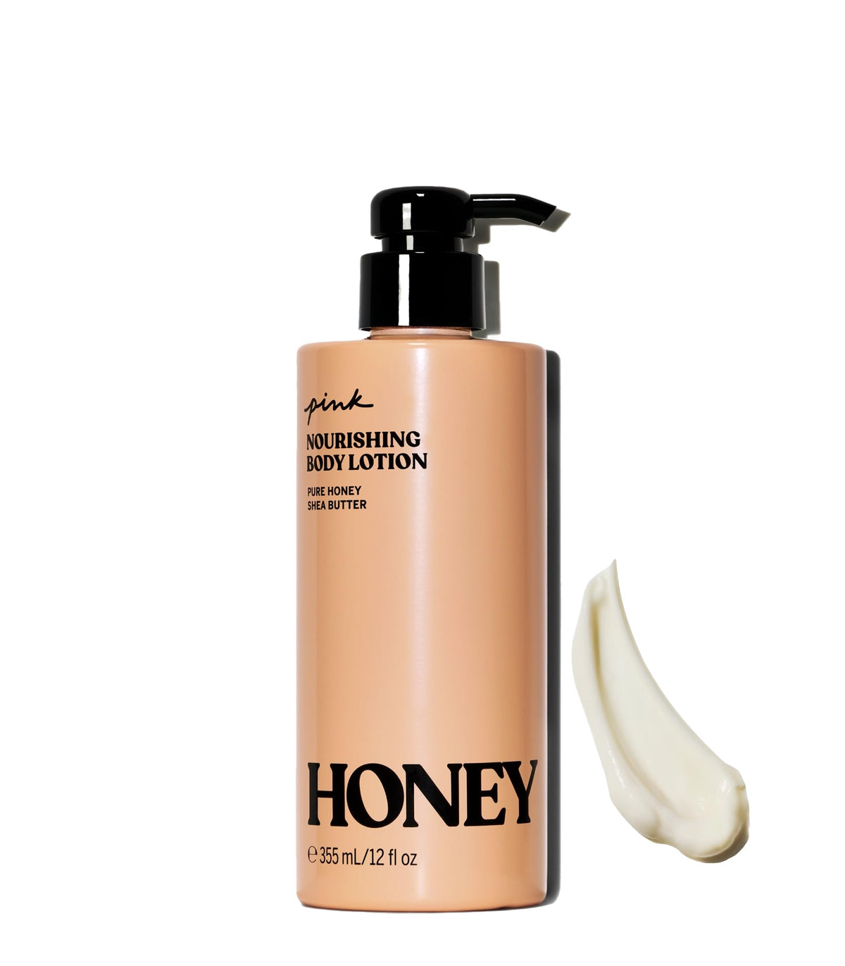 Victoria's Secret Pink Honey Nourishing Lotion bottle shows creamy texture and hydrating formula.