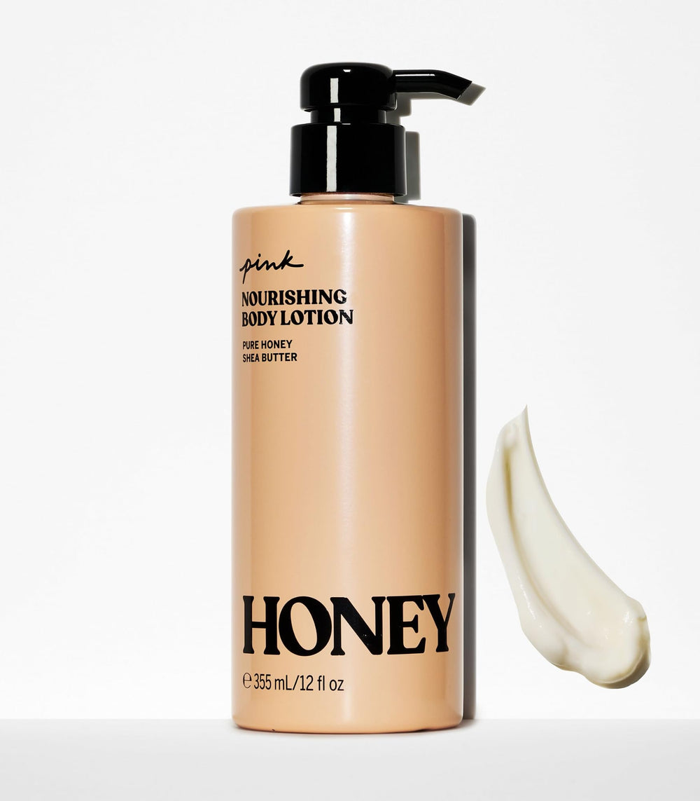 Close-up of Pink Honey Nourishing Lotion ingredients with honey and shea butter details.