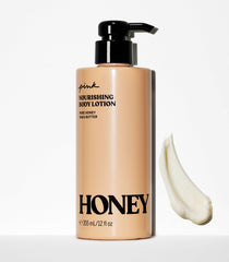 Close-up of Pink Honey Nourishing Lotion ingredients with honey and shea butter details.