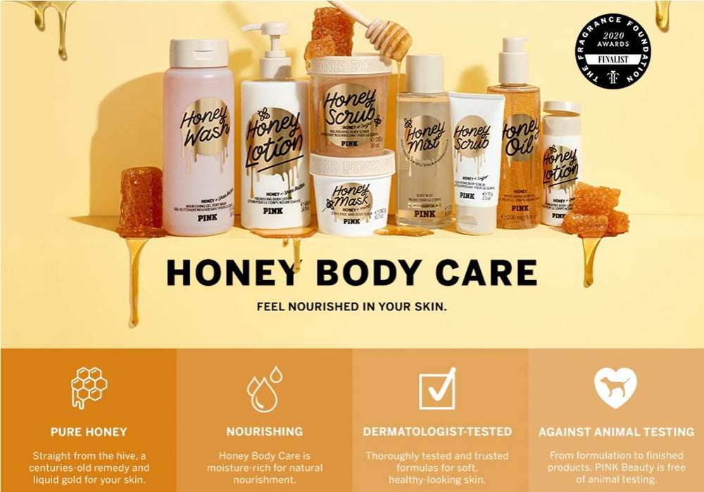 Victoria's Secret Pink Honey spray application; soft, warm aroma ideal for casual wear.