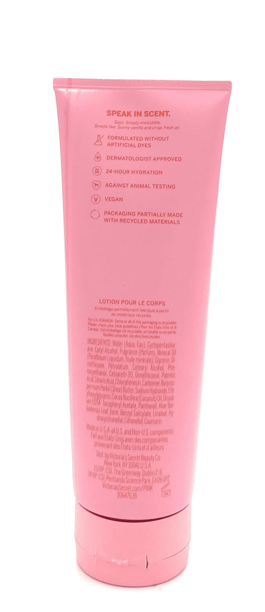 Victoria's Secret Pink lotion closeup label highlights nourishing formula and fragrance