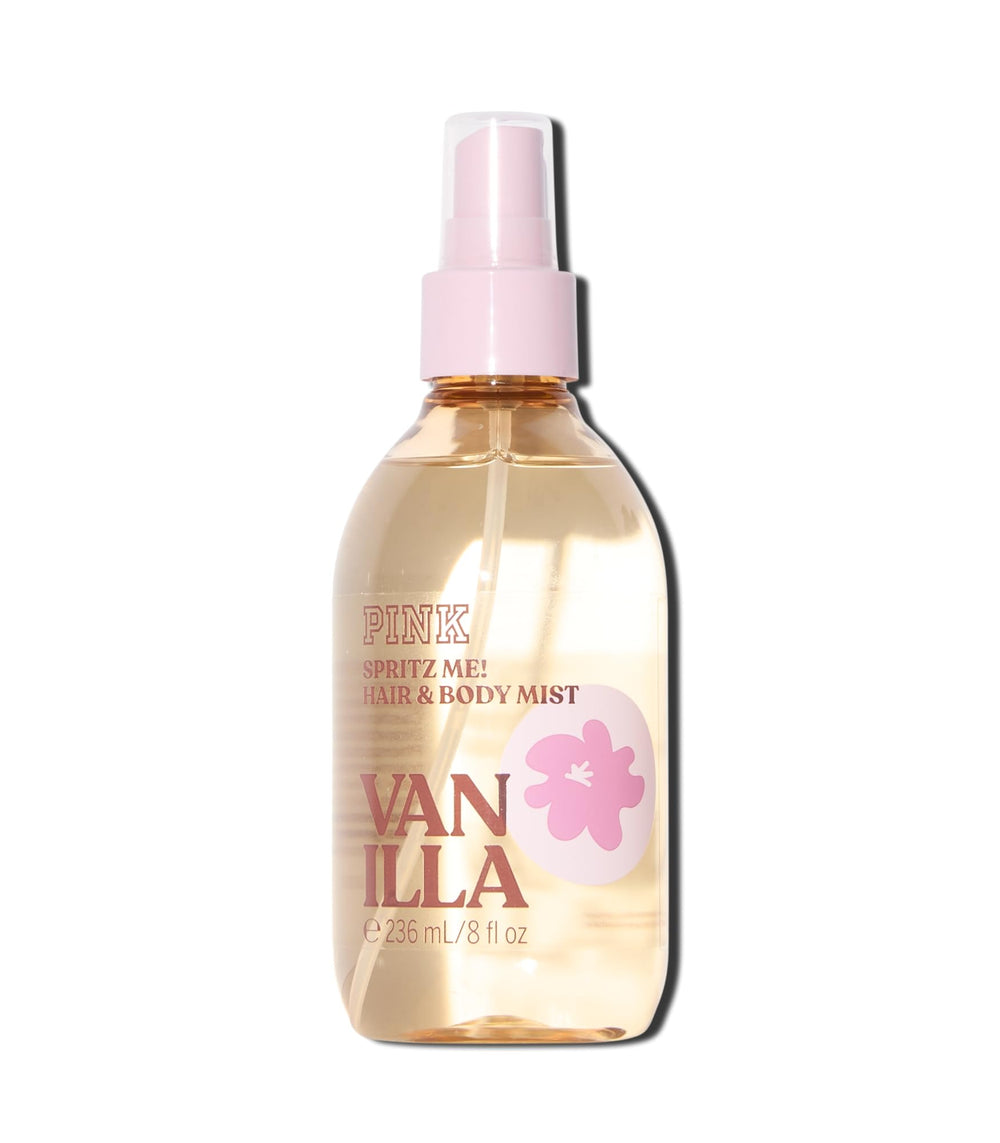 Victoria's Secret PINK Vanilla Hair & Body Mist bottle on a vanity for day-to-night refresh.