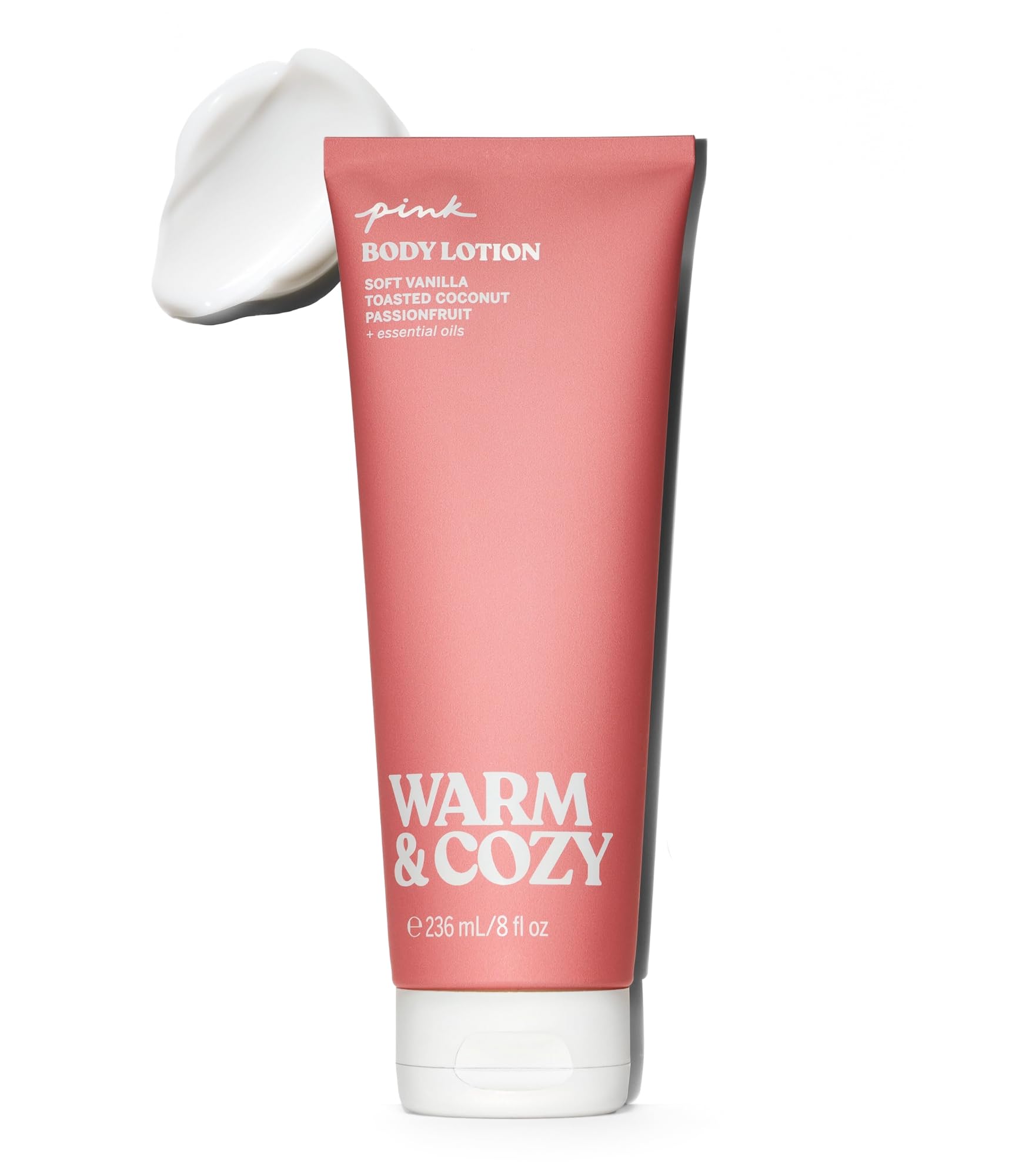 Victoria's Secret PINK Warm & Cozy lotion bottle with vanilla notes for daily softness.