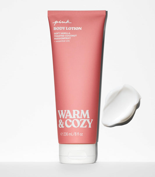 PINK Warm & Cozy vanilla note close-up for comforting hydration.