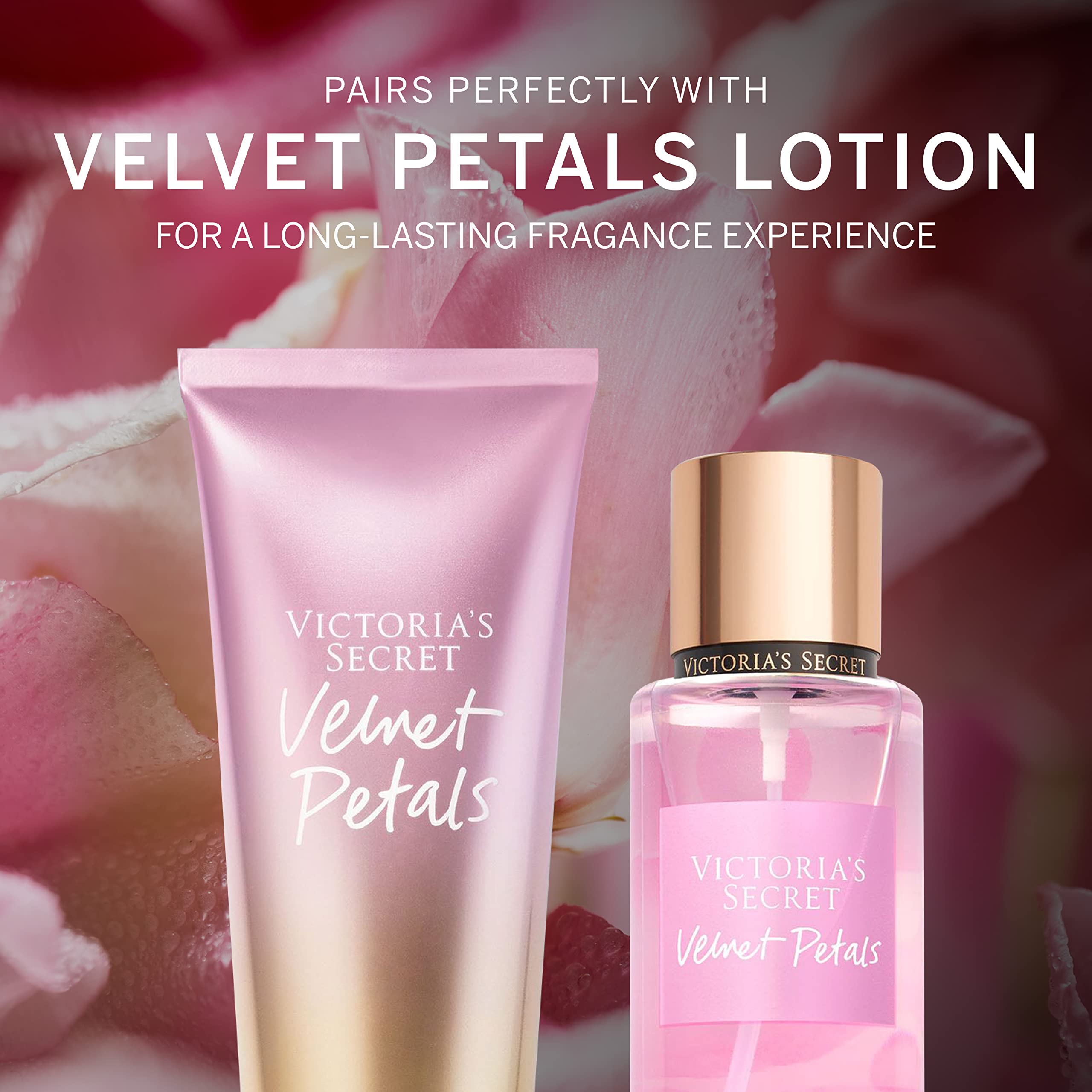 Closeup of Velvet Petals bottle highlighting floral fragrance notes