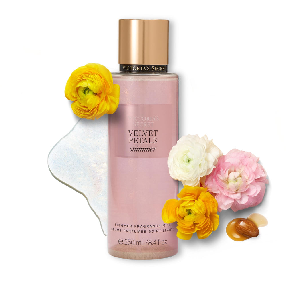 Victoria's Secret Velvet Petals Shimmer bottle with almond glaze notes for daily glow