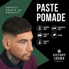 Victory Crown Paste Pomade jar open, smooth texture enables easy application and washout.