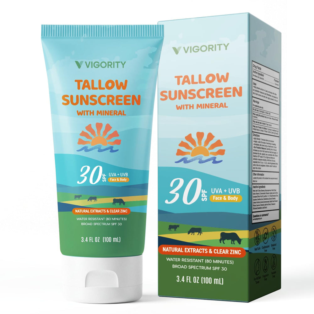 Vigority Beef Tallow Sunscreen bottle-front shows mineral protection with zinc oxide