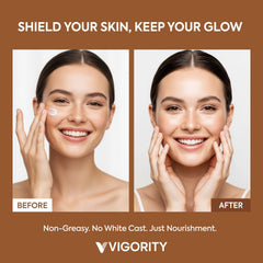 Vigority creamy sunscreen on skin with nourishing feel