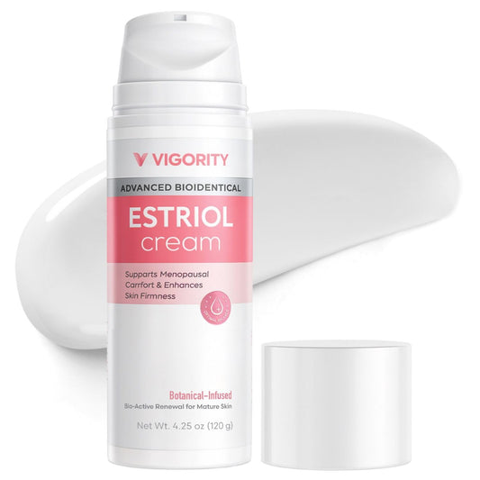 Vigority E3 face cream bottle with pump provides lightweight hydration for mature skin.