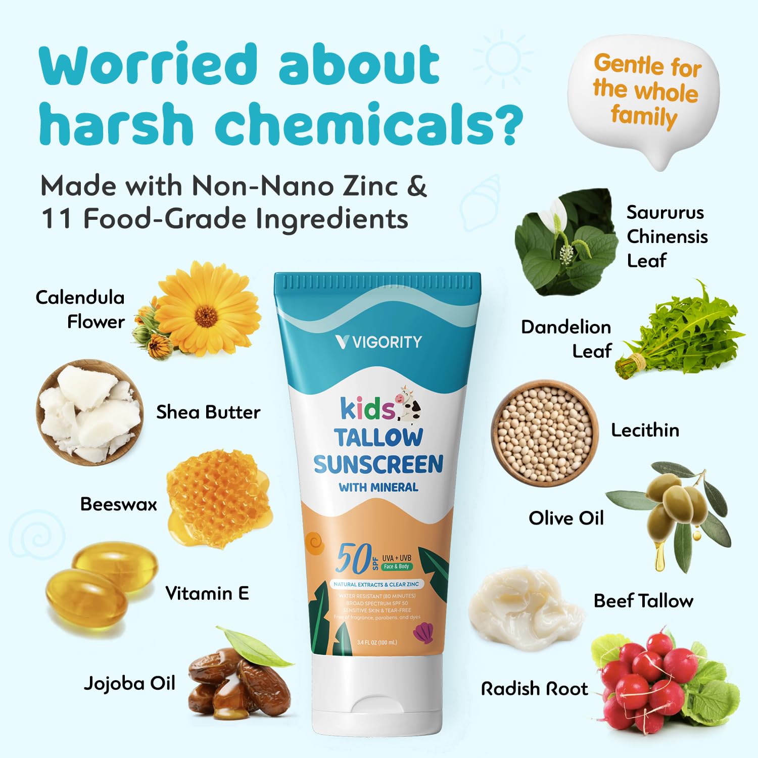 Vigority sunscreen on arms and legs, non-greasy finish for daily wear