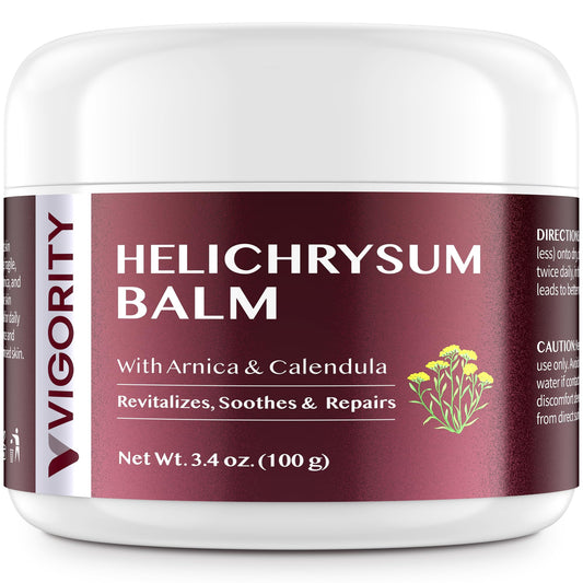 Vigority Helichrysum Balm jar closeup showing rich whipped texture for daily skin nourishment