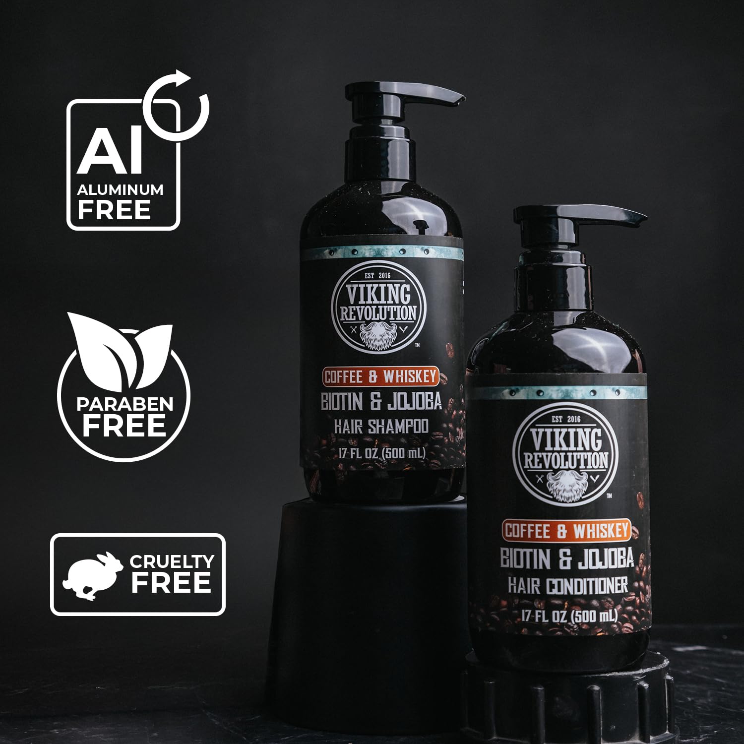 Viking Revolution daily hair care routine with shampoo and conditioner.