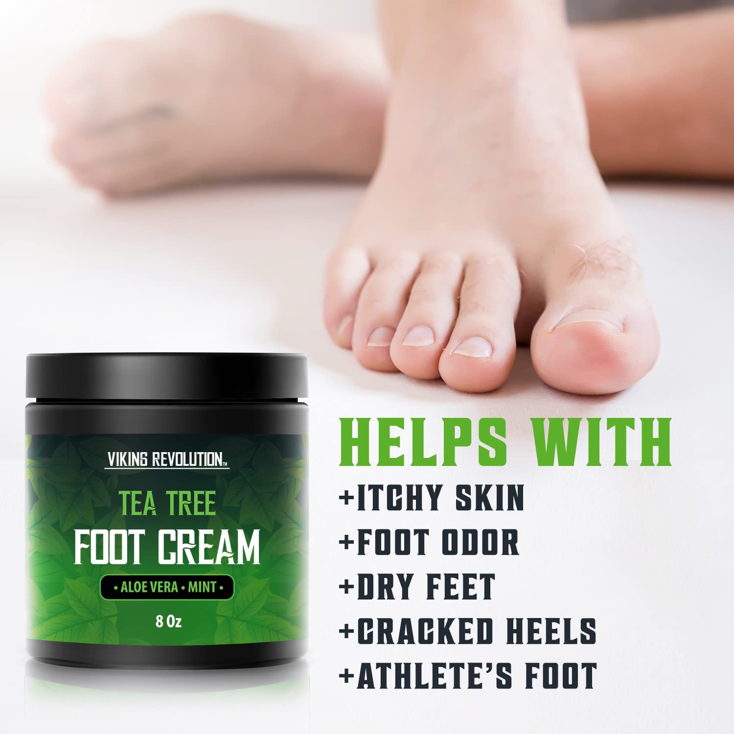 Viking Revolution foot cream being applied to the heel for easy moisturization.