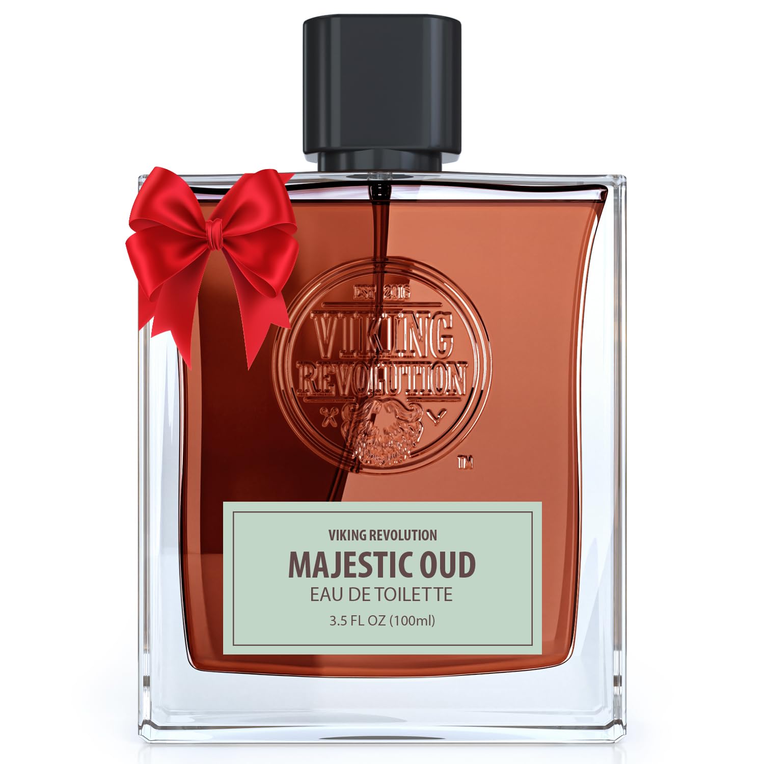 Viking Revolution Majestic Oud bottle with amber hue signaling long-lasting fragrance.