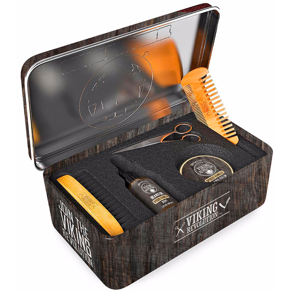 Viking Revolution lifestyle shot shows a man grooming with the kit.