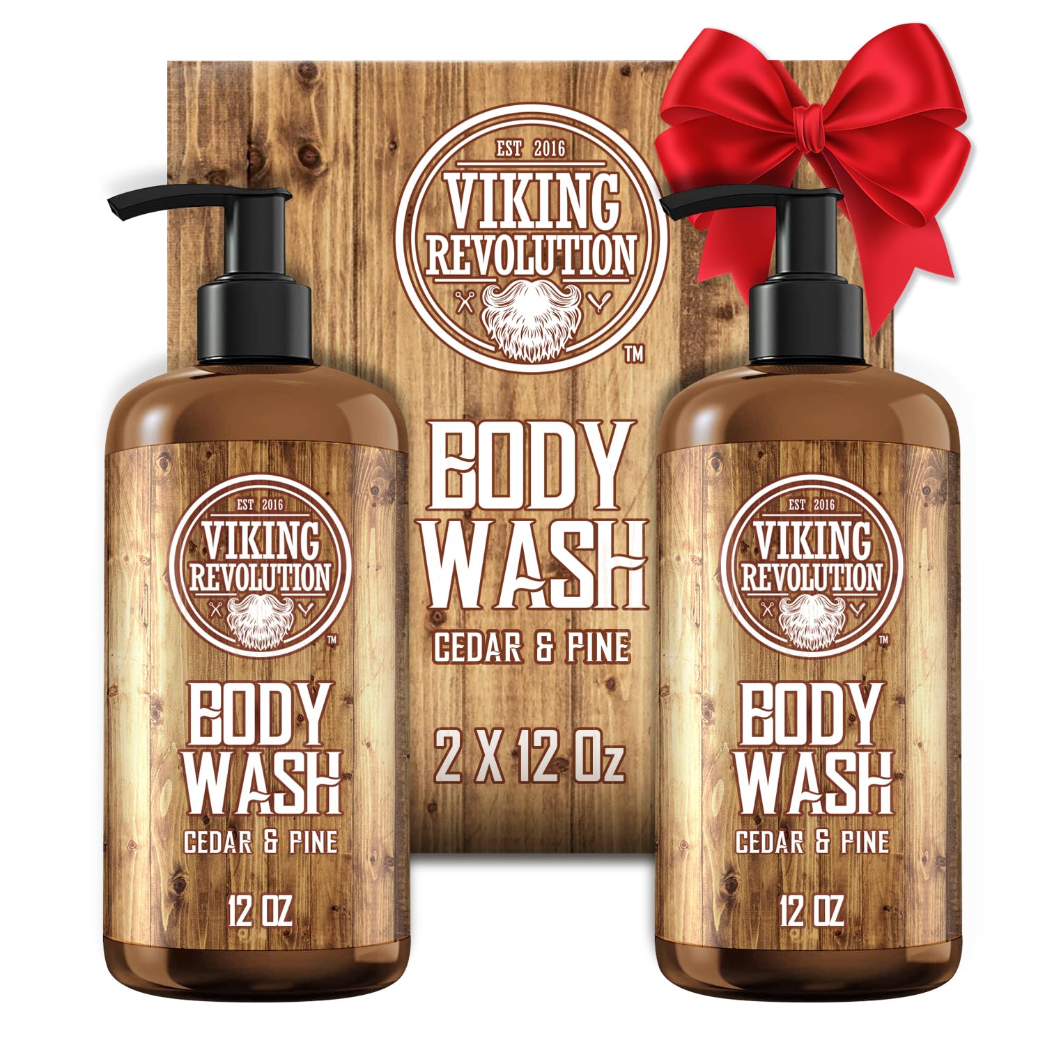 Viking Revolution men's body wash cedar pine bottle, forest-fresh fragrance for daily refresh.