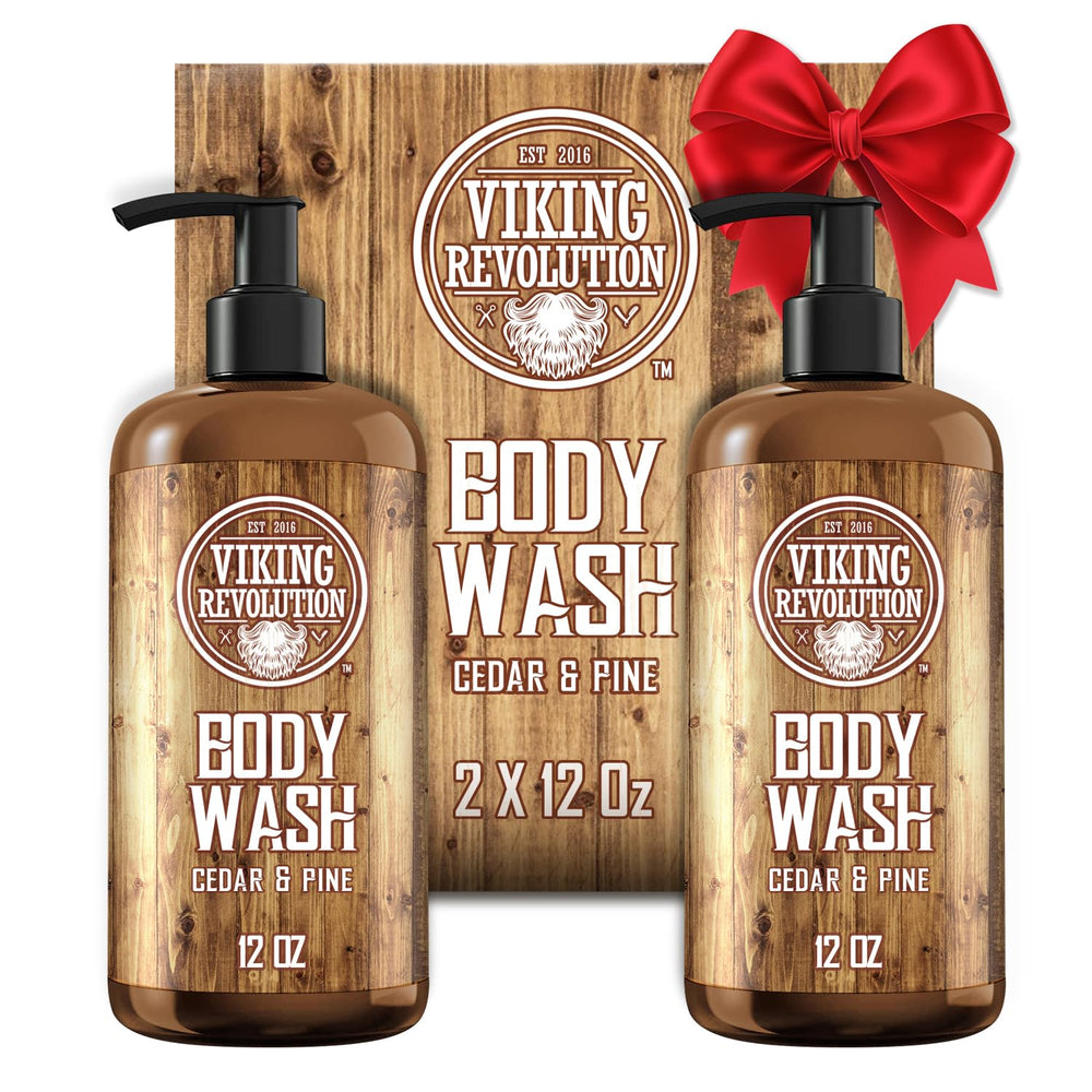 Viking Revolution men's body wash cedar pine bottle, forest-fresh fragrance for daily refresh.