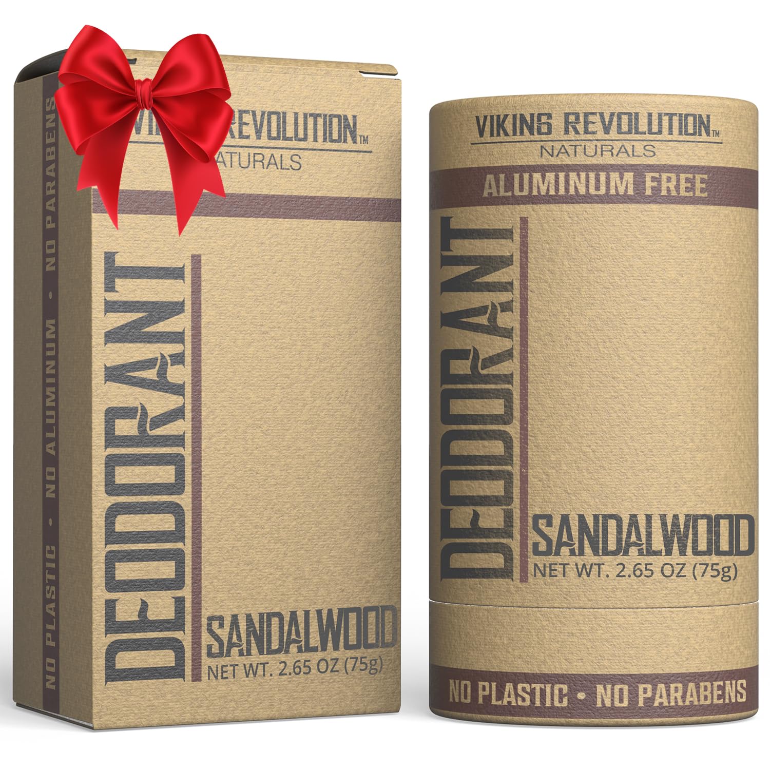 Viking Revolution sandalwood deodorant bottle showing long-lasting, woodsy freshness.