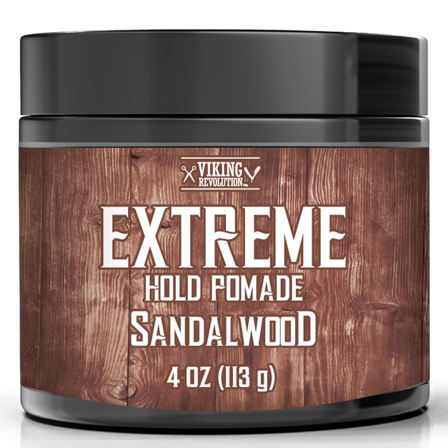 Viking Revolution sandalwood pomade bottle close-up for extreme hold and high shine