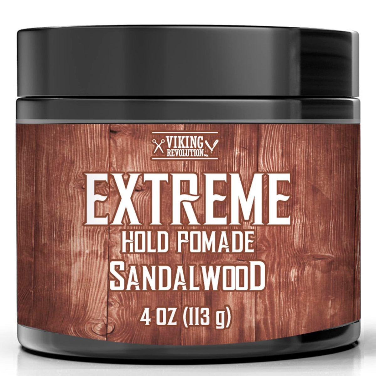 Viking Revolution sandalwood pomade bottle close-up for extreme hold and high shine