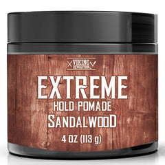 Viking Revolution sandalwood pomade bottle close-up for extreme hold and high shine