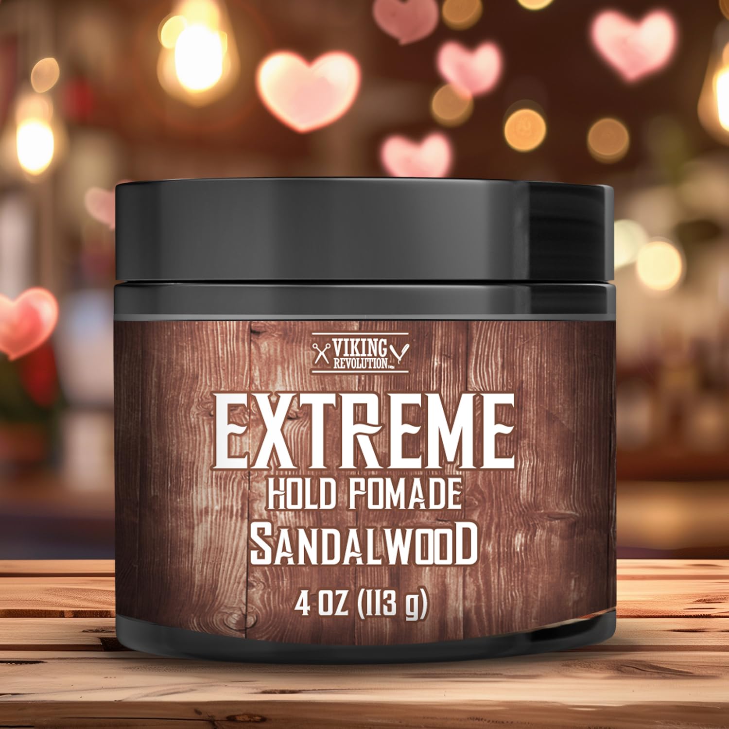 Viking Revolution sandalwood pomade jar during application for bold styling