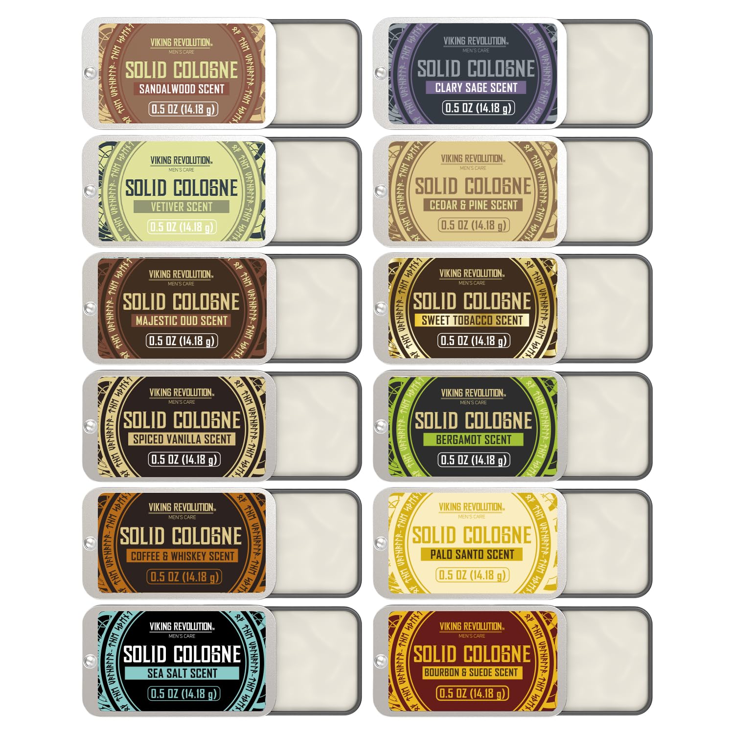 Viking Revolution solid cologne sandalwood pulse point for all-day refreshment.
