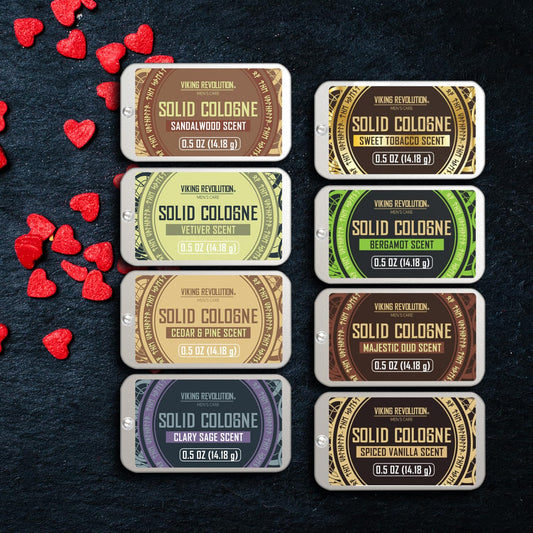 Viking Revolution Vetiver solid cologne with rugged scent and spill-proof design.