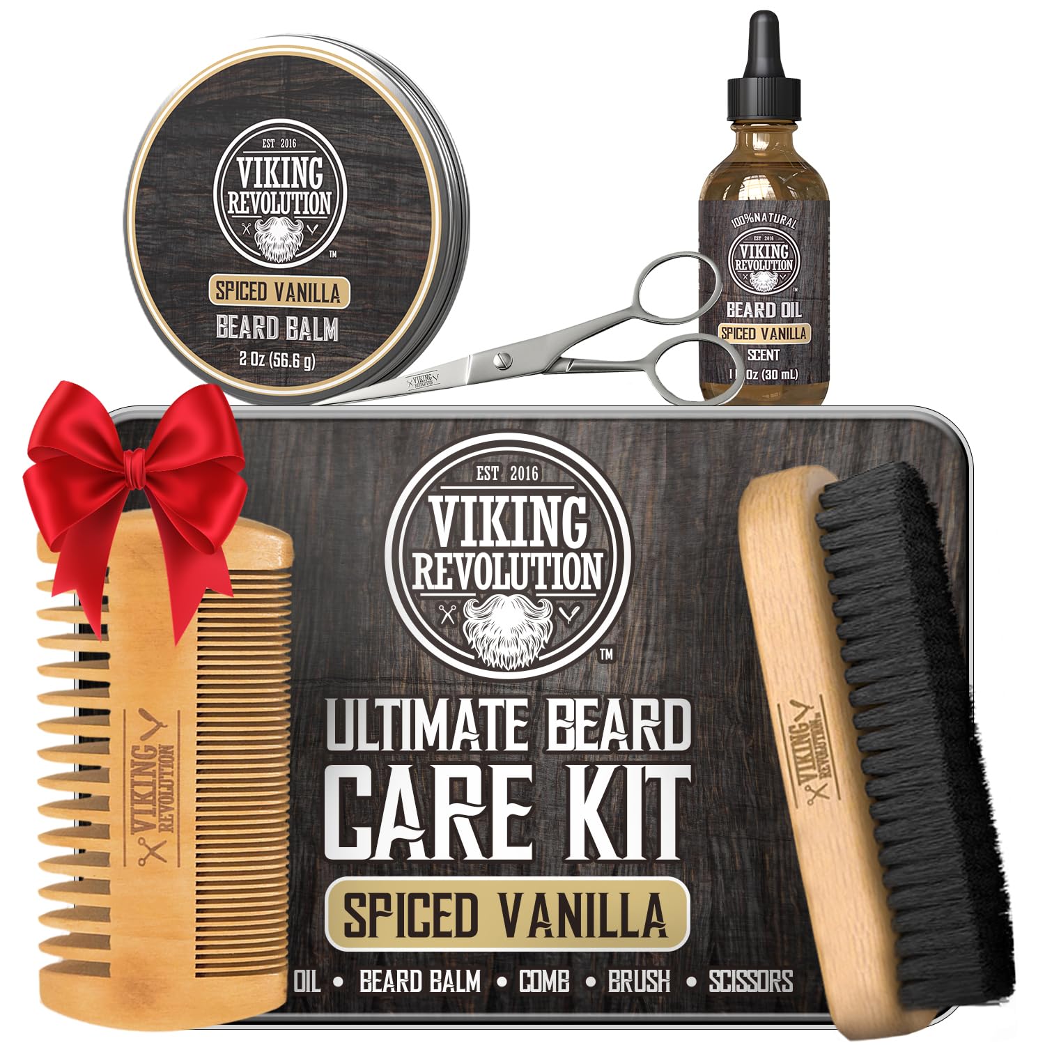 Viking Revolution spiced vanilla beard kit box showing full grooming set for travel.