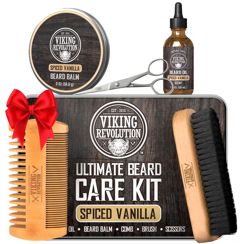 Viking Revolution spiced vanilla beard kit box showing full grooming set for travel.