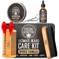 Viking Revolution spiced vanilla beard kit box showing full grooming set for travel.