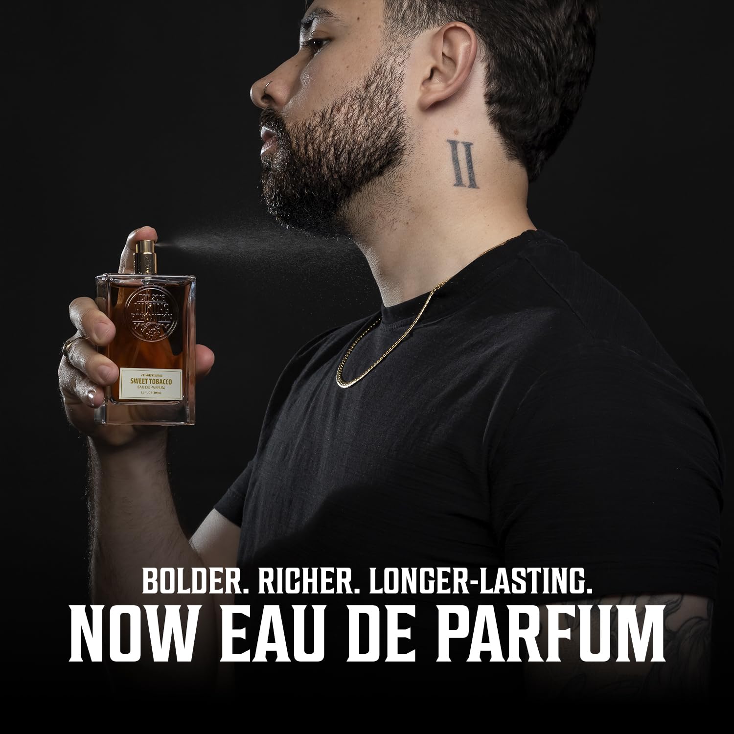 Amber-hued bottle against dark background evokes masculine, confident vibes