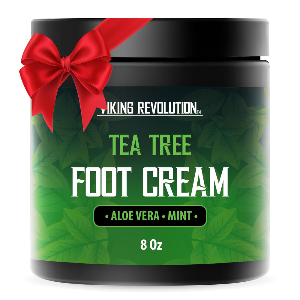 Viking Revolution Tea Tree Foot Cream bottle with minty scent for refreshed, moisturized feet.