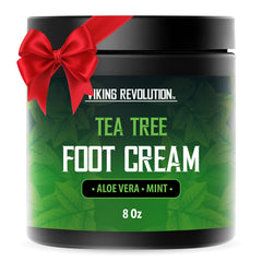 Viking Revolution Tea Tree Foot Cream bottle with minty scent for refreshed, moisturized feet.