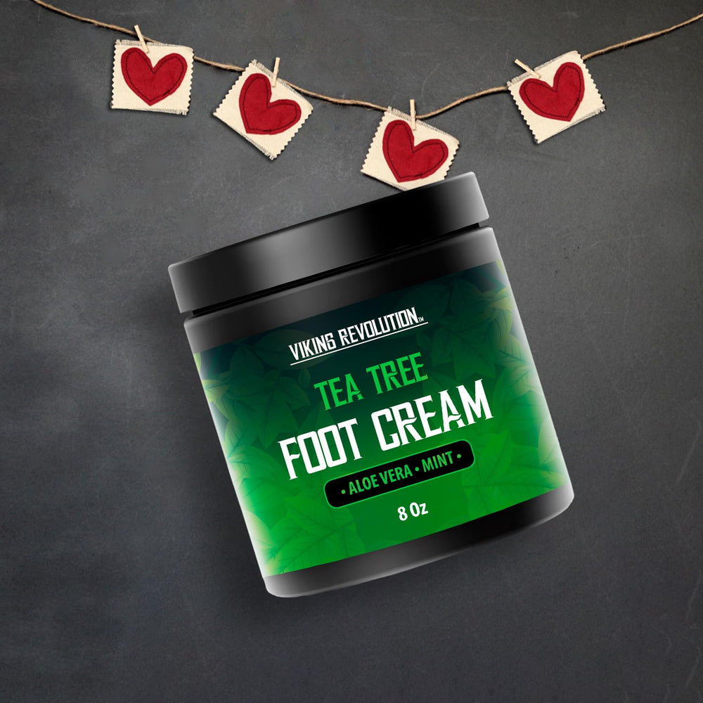 Viking Revolution Tea Tree Foot Cream jar close-up highlights aloe vera for soothing hydration.