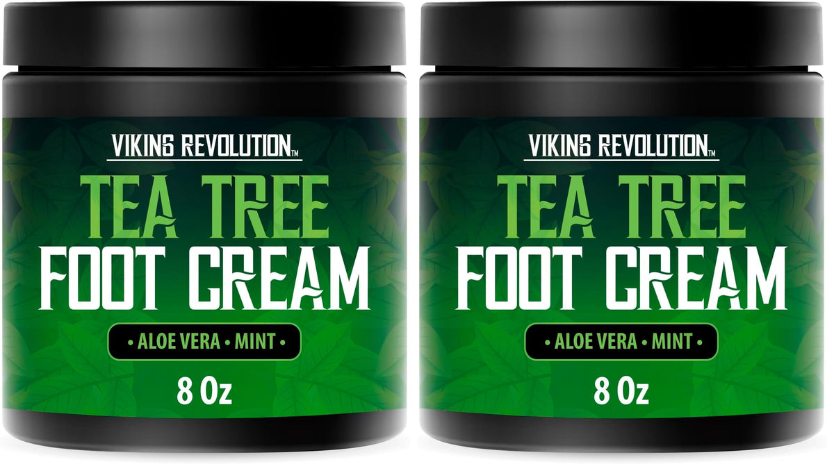 Viking Revolution Tea Tree Foot Cream packaging for dry heels and smooth skin.