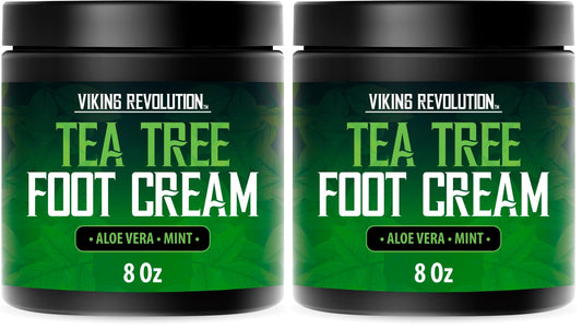 Viking Revolution Tea Tree Foot Cream packaging for dry heels and smooth skin.