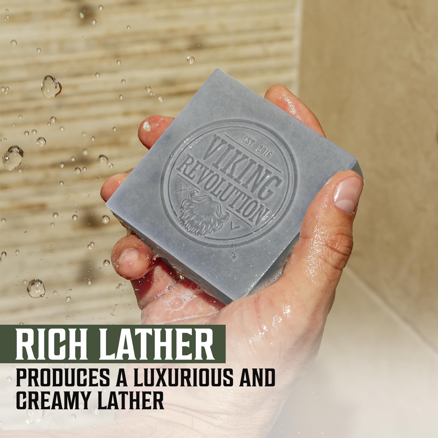 Viking Revolution Tea Tree soap resting in bathroom for versatile body use.