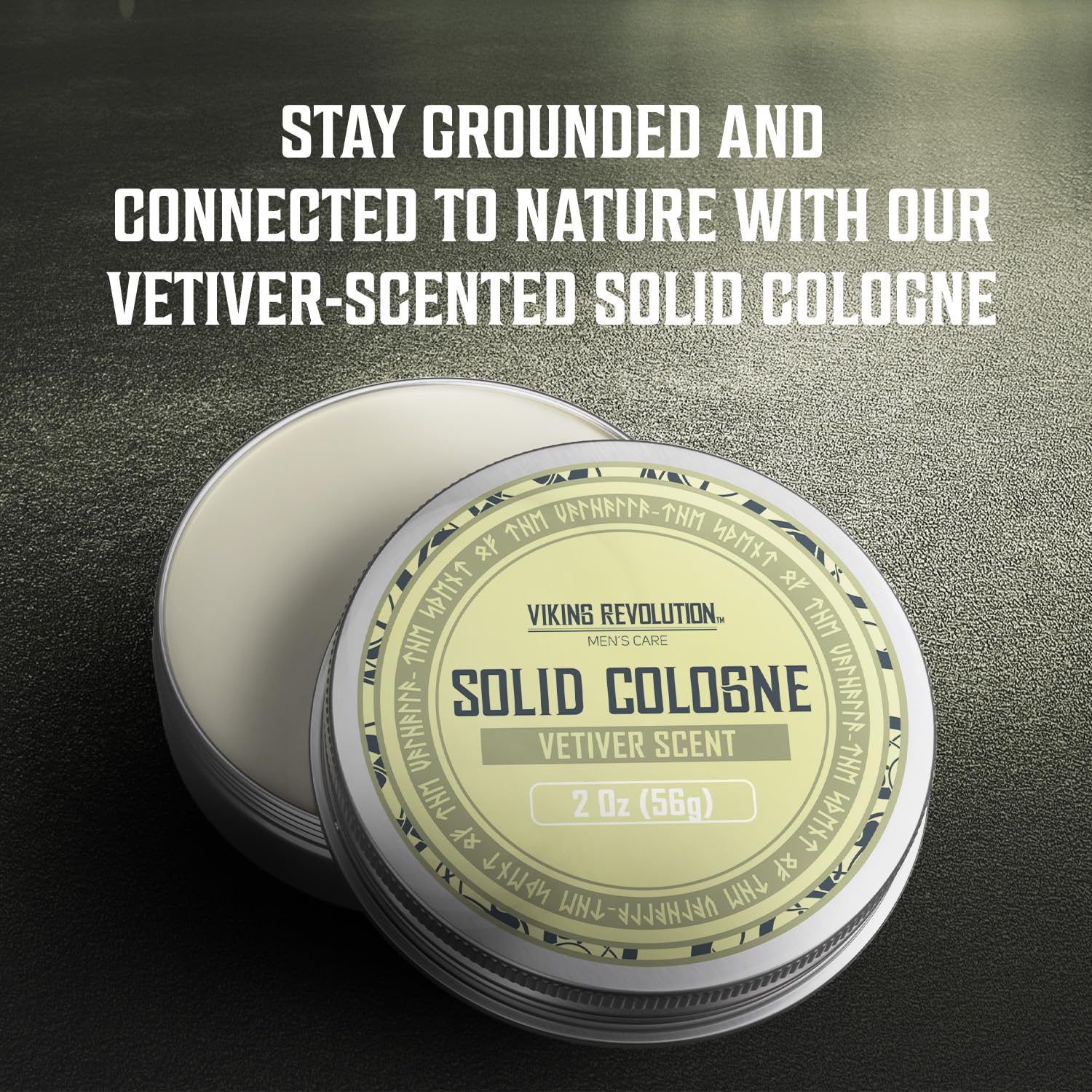 Viking Revolution Vetiver travel-size solid cologne for convenient refreshers during commutes.