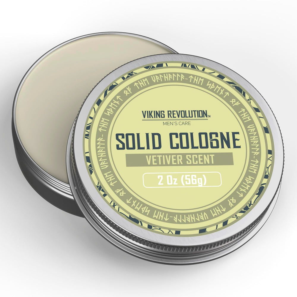 Viking Revolution Vetiver solid cologne transitions from office to evening with subtle scent.
