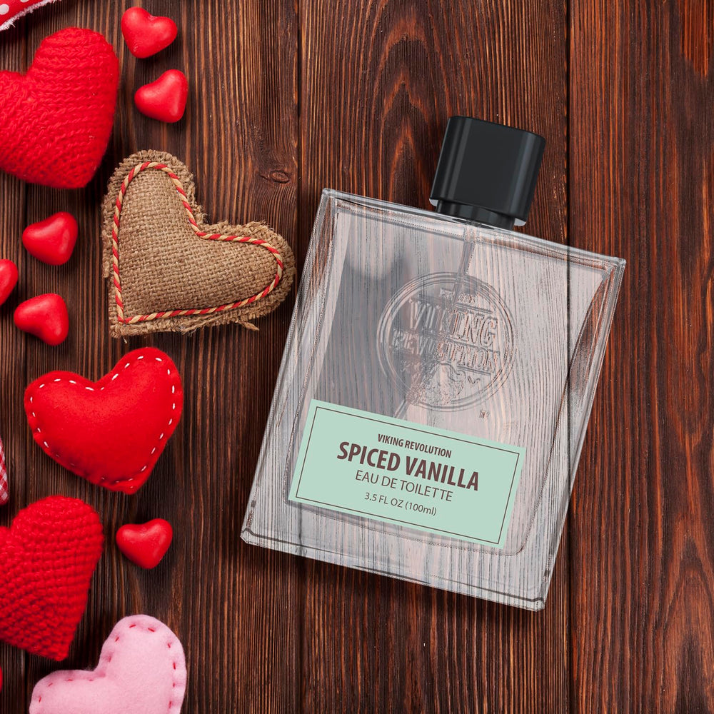 Viking Revolution Spiced Vanilla Cologne on dresser display suggesting long-lasting fragrance