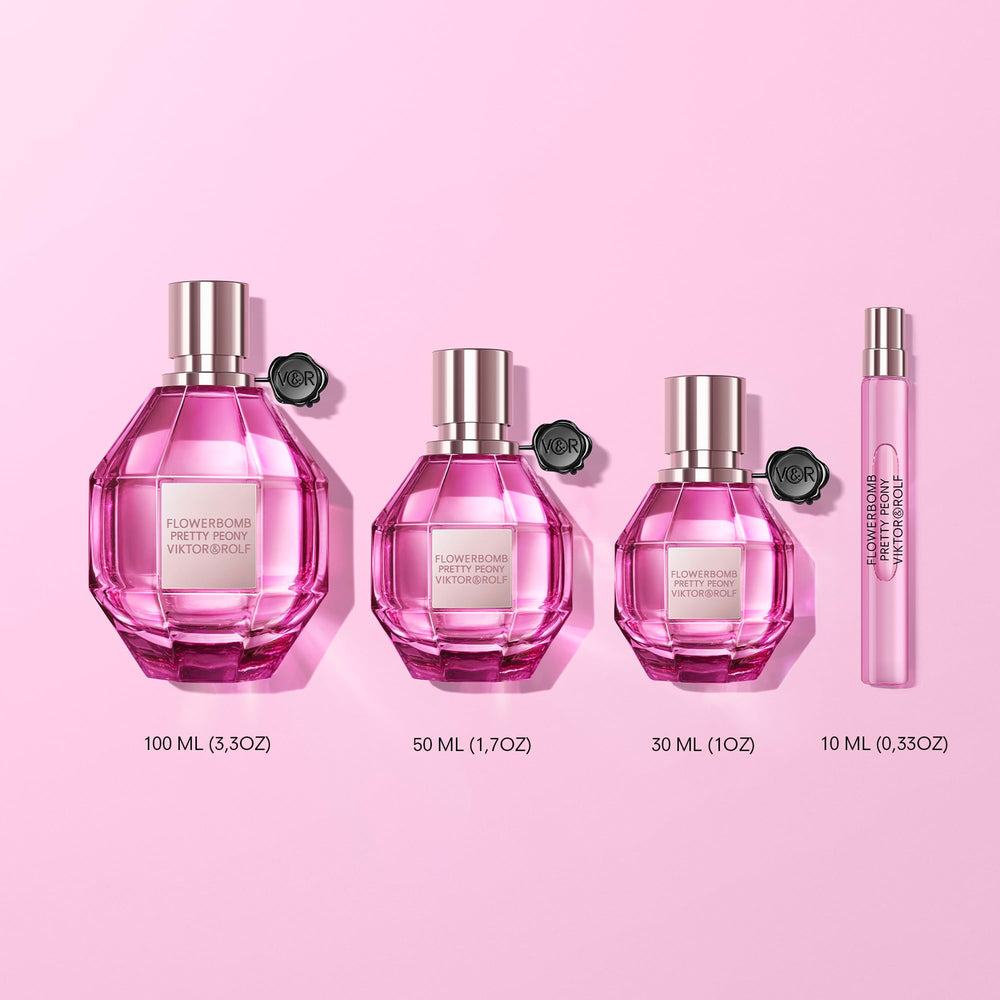 Travel-size Viktor&Rolf Flowerbomb Pretty Peony bottle fits handbag.