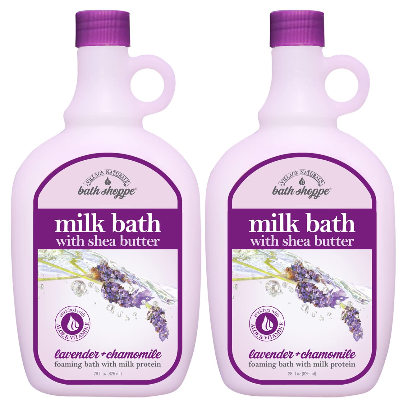 Village Naturals Bath Shoppe lavender chamomile milk bath bottles being poured for a soothing soak.