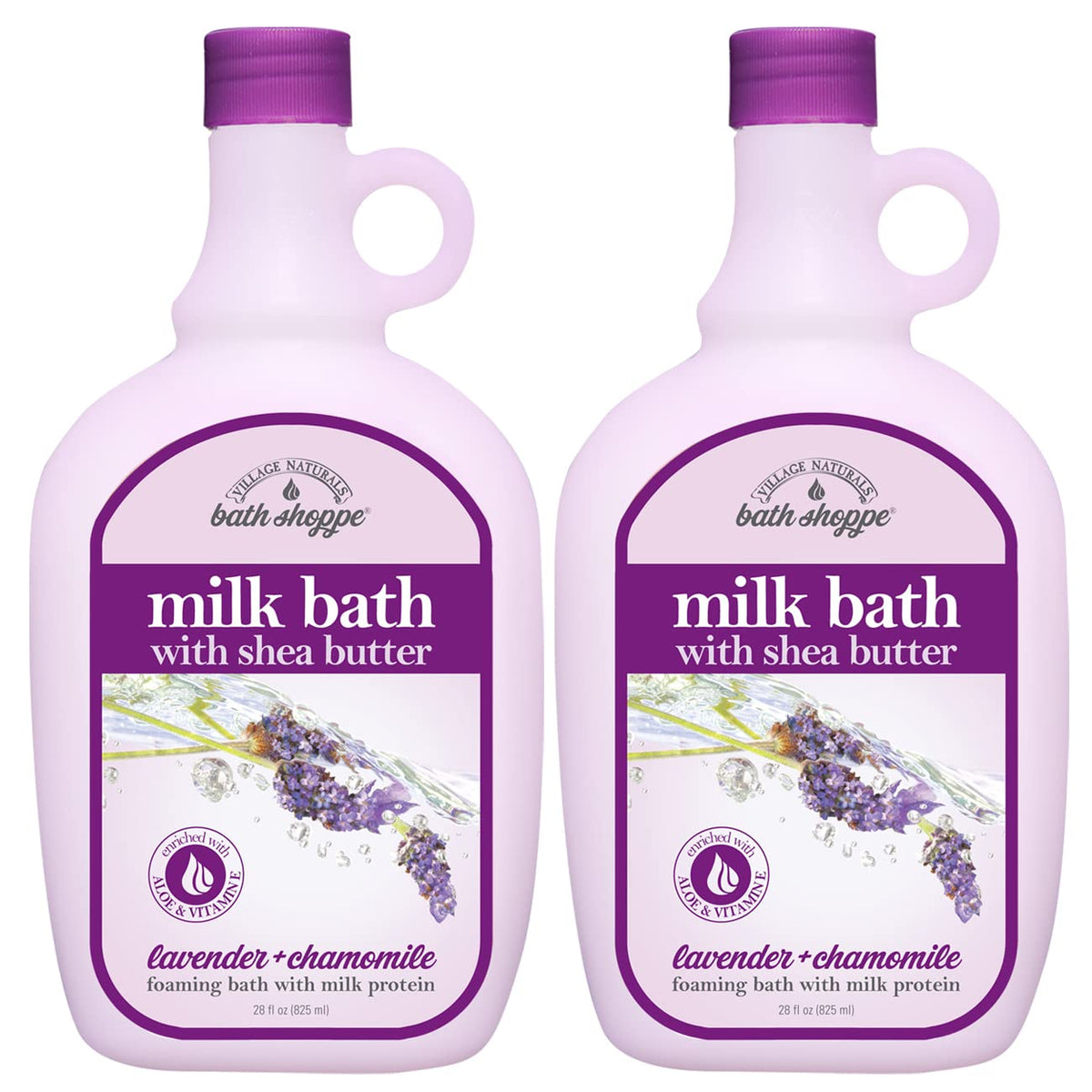 Village Naturals Bath Shoppe lavender chamomile milk bath bottles being poured for a soothing soak.