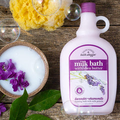 Village Naturals Bath Shoppe lavender chamomile petals float for a calming ambiance.