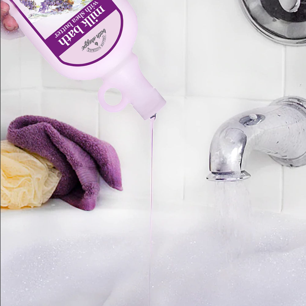 Village Naturals Bath Shoppe shea butter and vitamin E soften skin during soak.