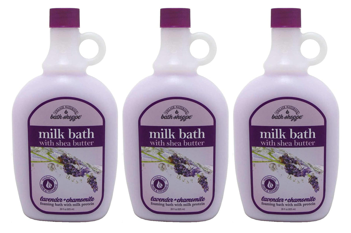 Village Naturals Therapy lavender bath milk bottle in a 3-pack for hydrated skin