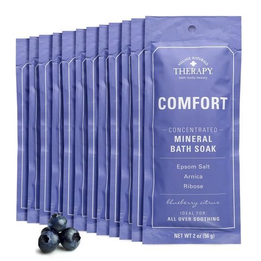Village Naturals Therapy Comfort Mineral Bath Soak Blueberry Citrus pack of 12 ready for a soothing soak.